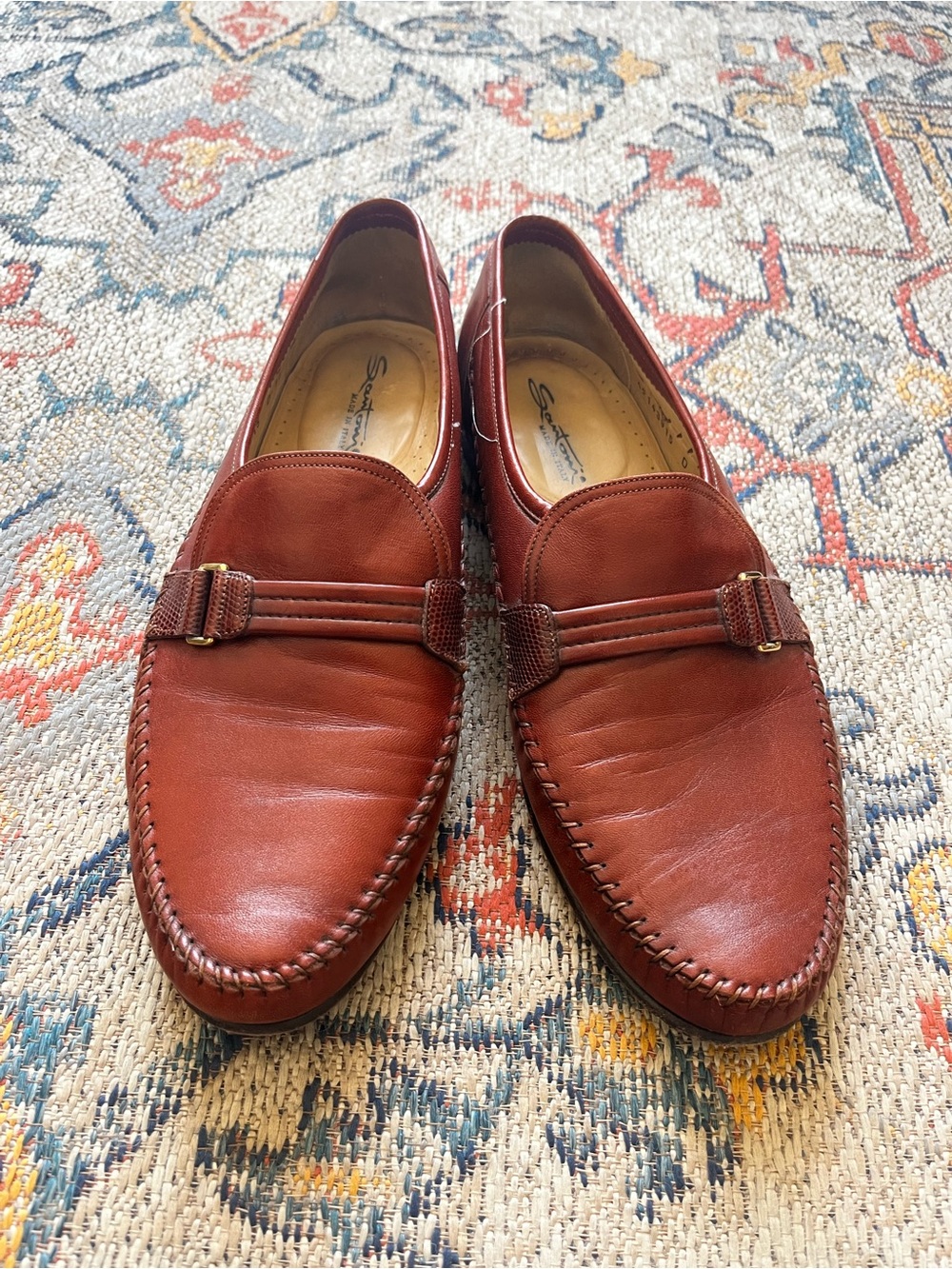 Santoni Rust Cognac Leather Slip-On Loafers Size 11 D